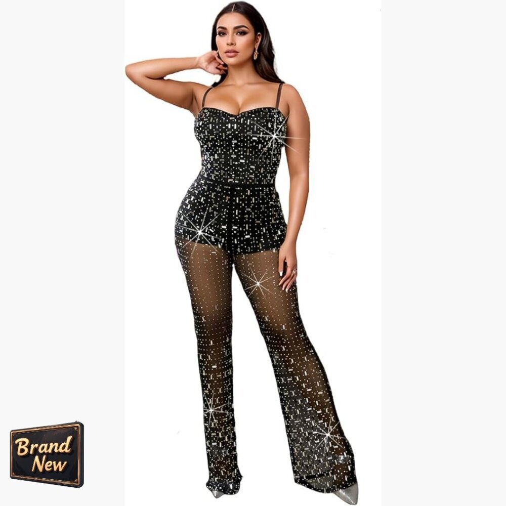 Stretch Lined Sequin Jumpsuit with Feather Trim, Wide Leg